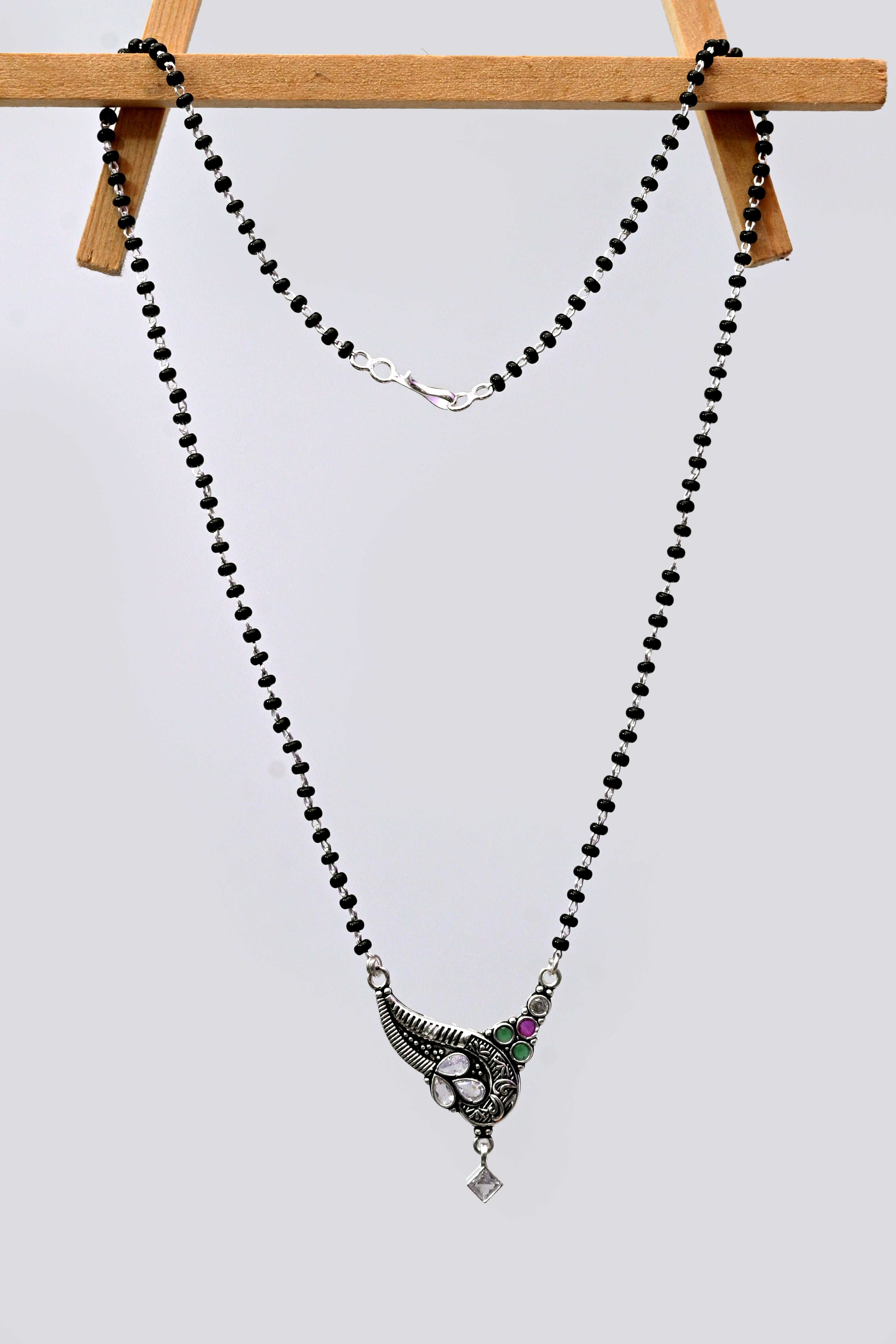 925 Silver Mangalsutra with Leaf Design Pendant & Multicolor Stones