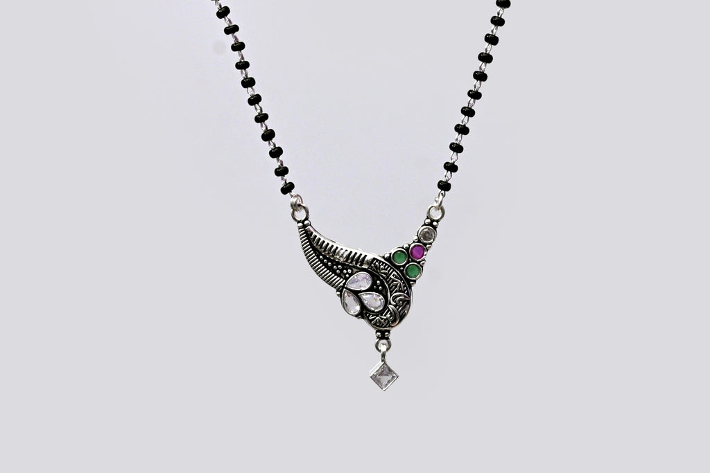 925 Silver Mangalsutra with Leaf Design Pendant & Multicolor Stones