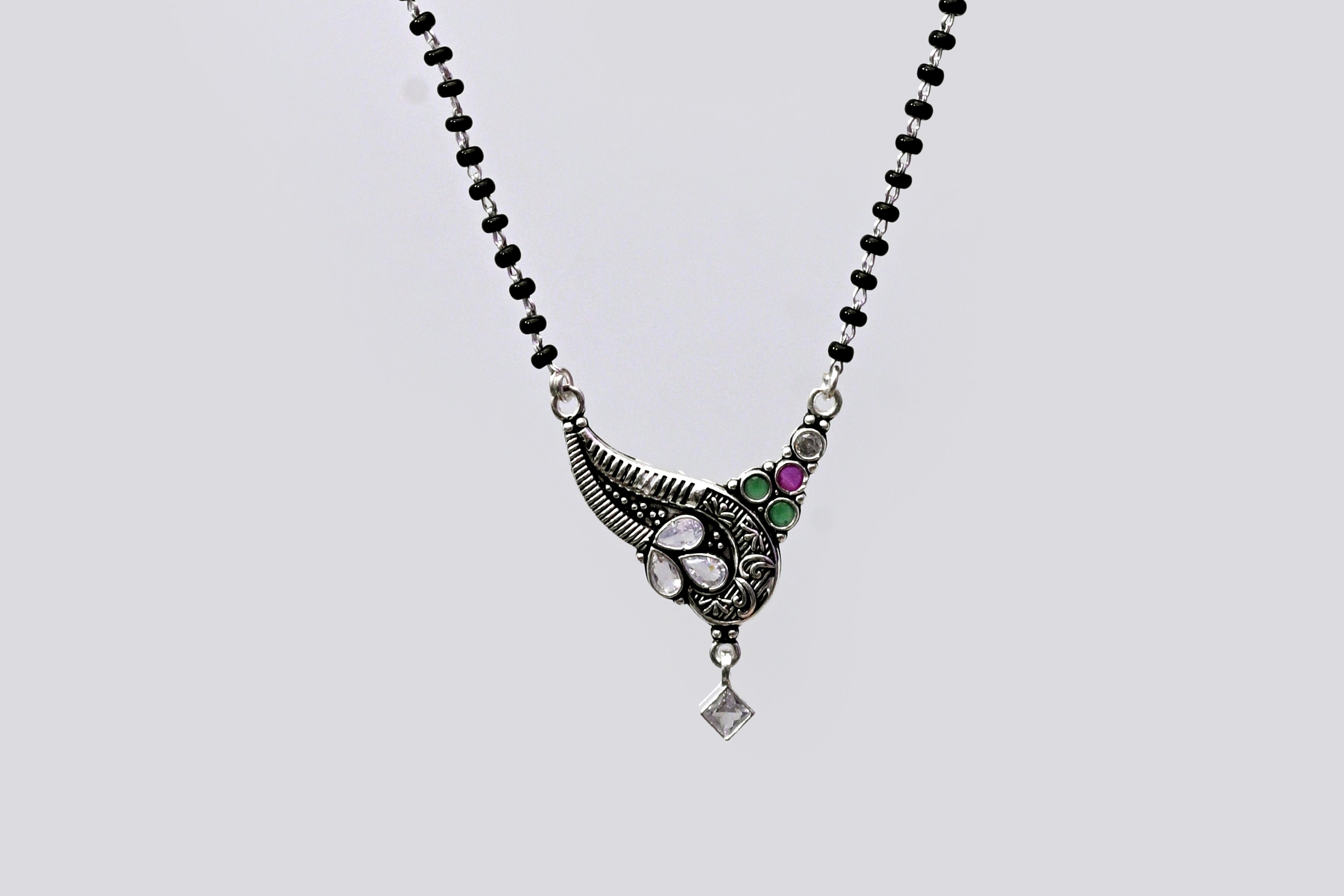 925 Silver Mangalsutra with Leaf Design Pendant & Multicolor Stones