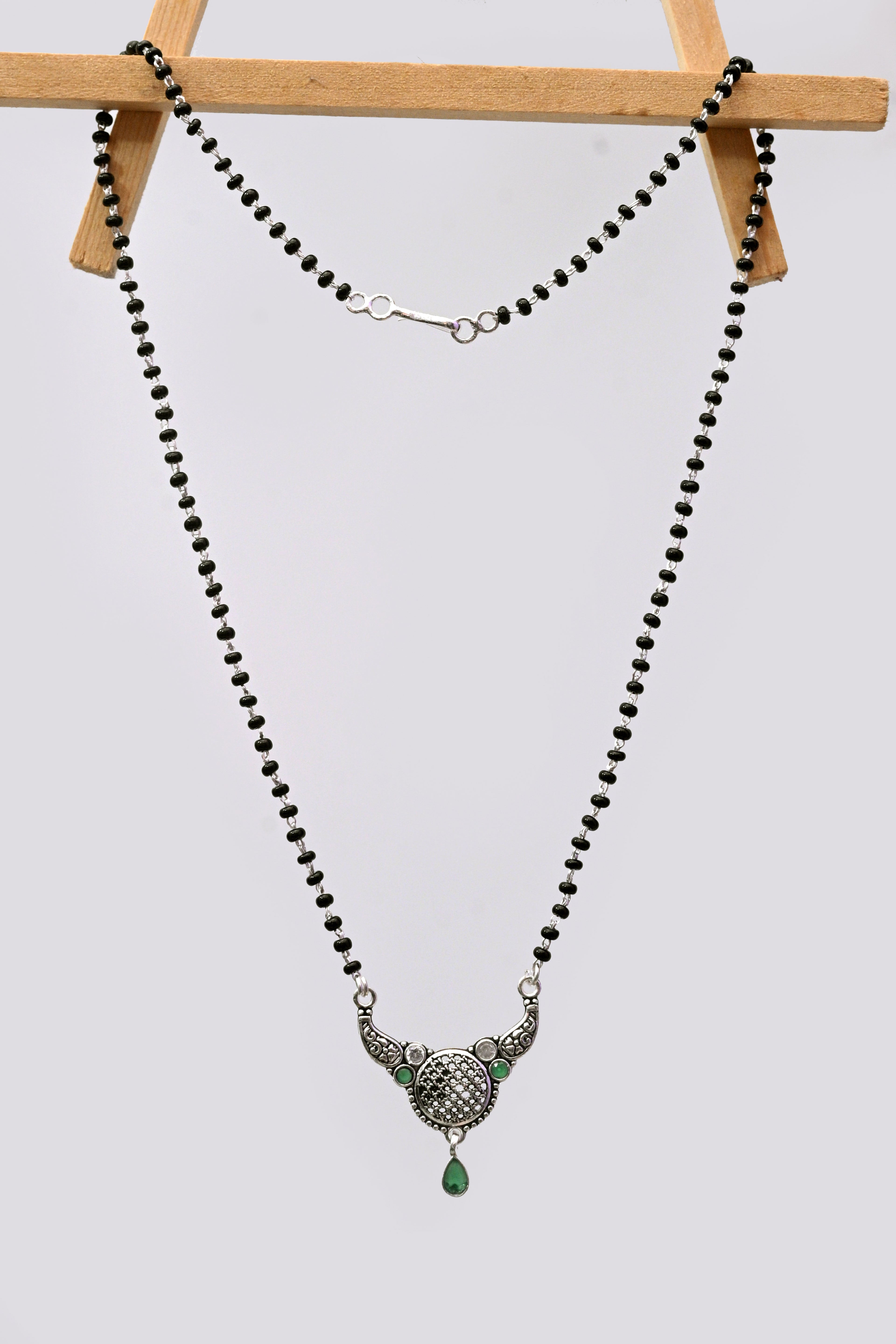 925 Silver Mangalsutra with Antique Round Pendant & Green Stone Drop
