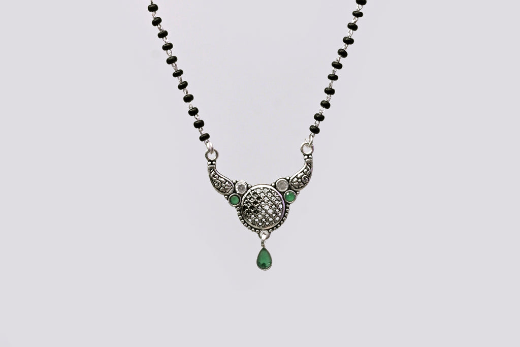 925 Silver Mangalsutra with Antique Round Pendant & Green Stone Drop