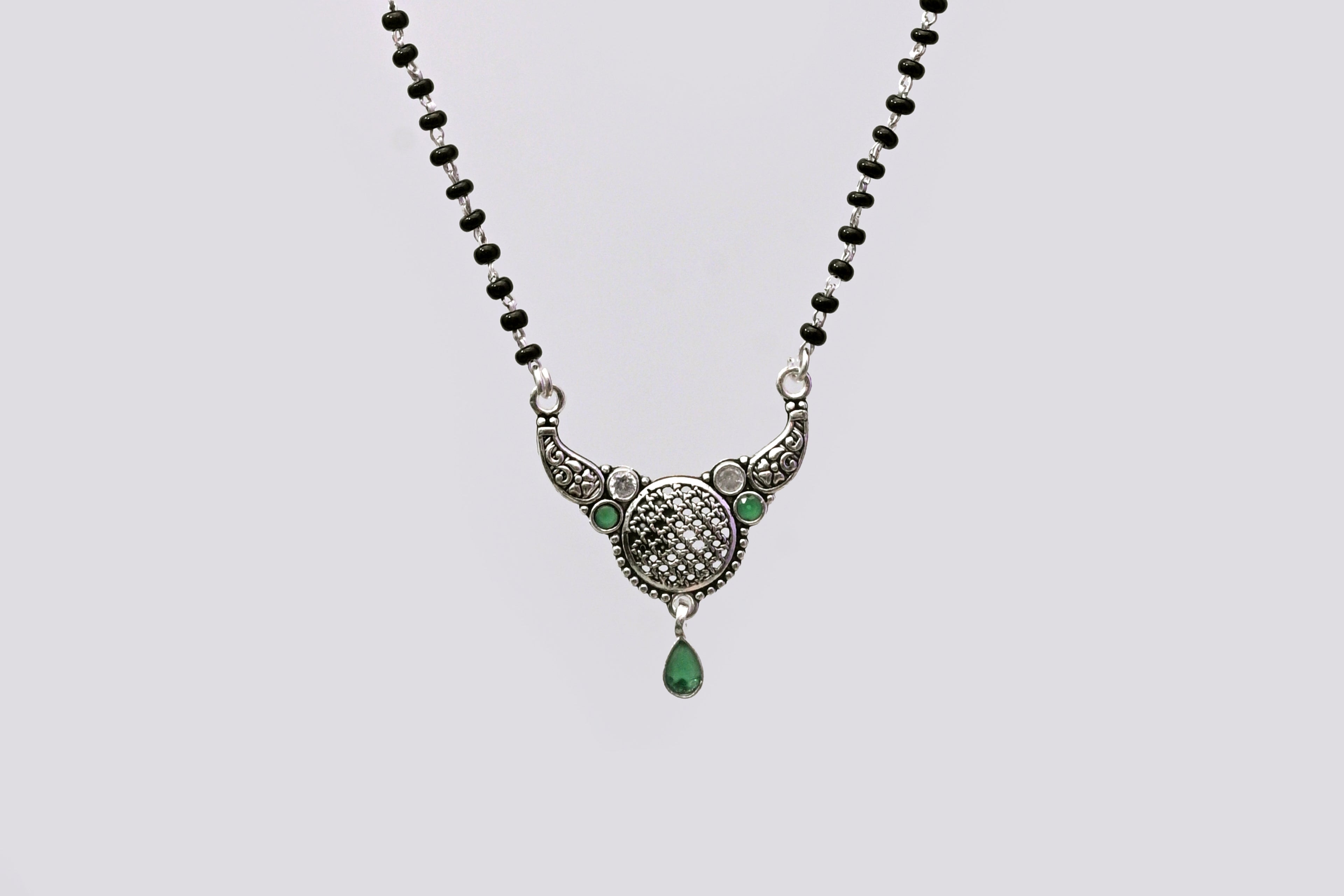 925 Silver Mangalsutra with Antique Round Pendant & Green Stone Drop