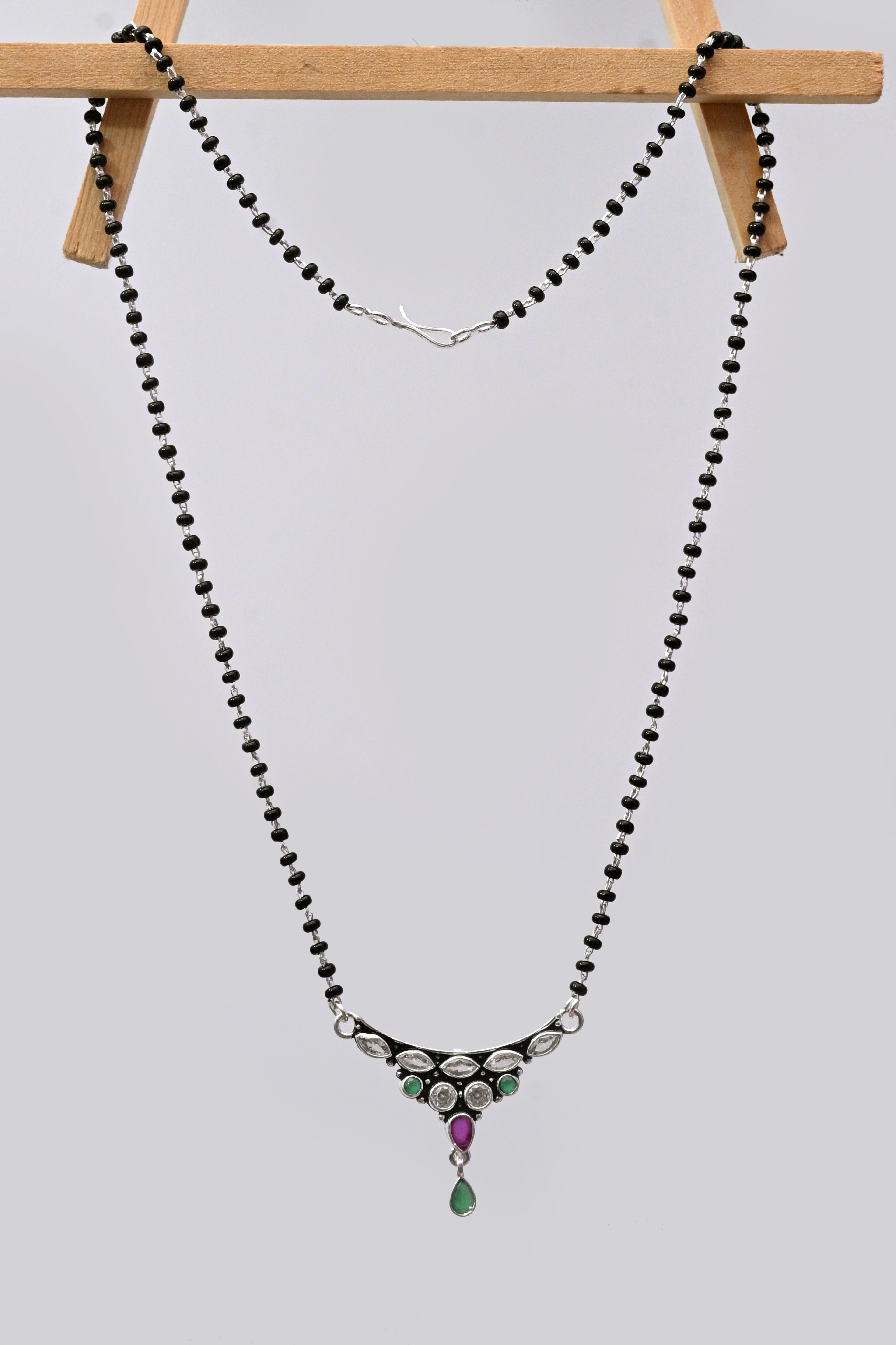 925 Silver Mangalsutra with Black Beads & Elegant Stone Pendant
