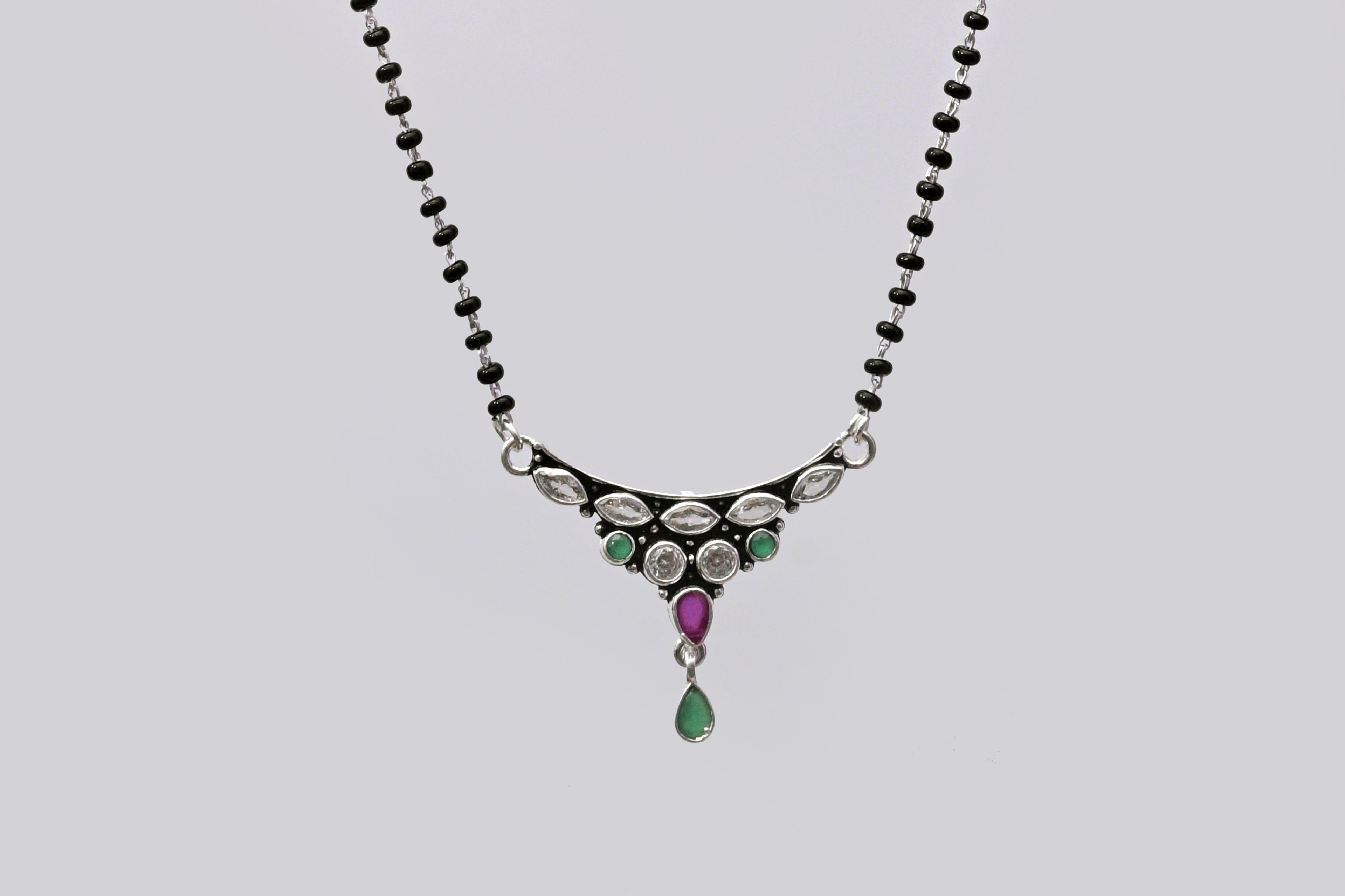 925 Silver Mangalsutra with Black Beads & Elegant Stone Pendant