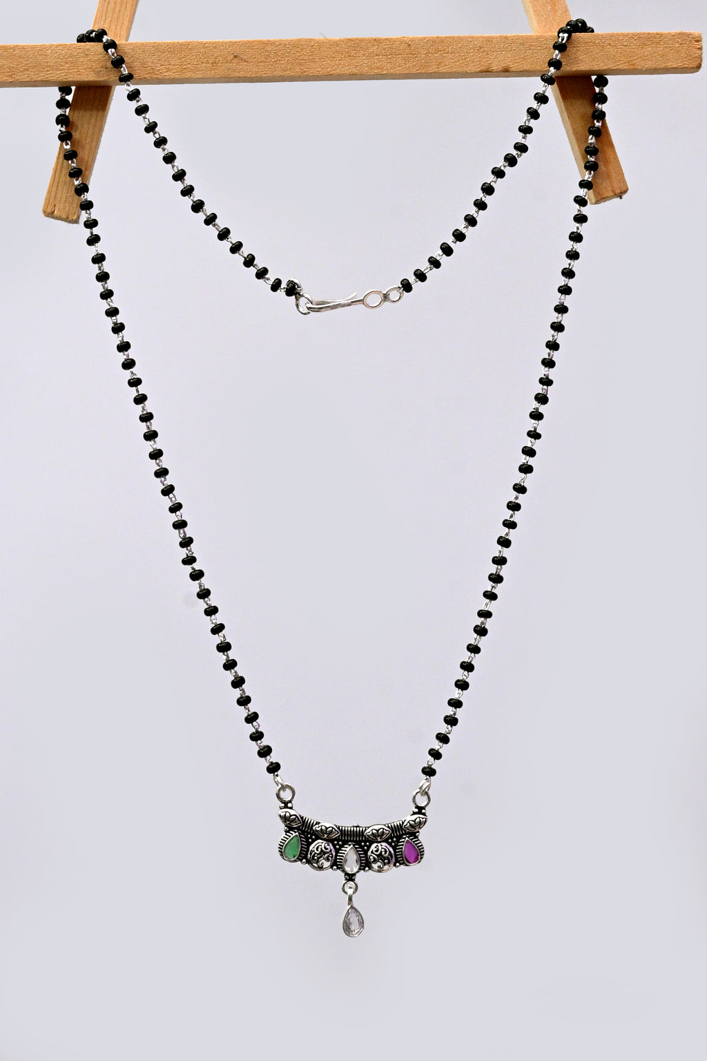 925 Sterling Silver Stone Work Mangalsutra with Teardrop Pendant