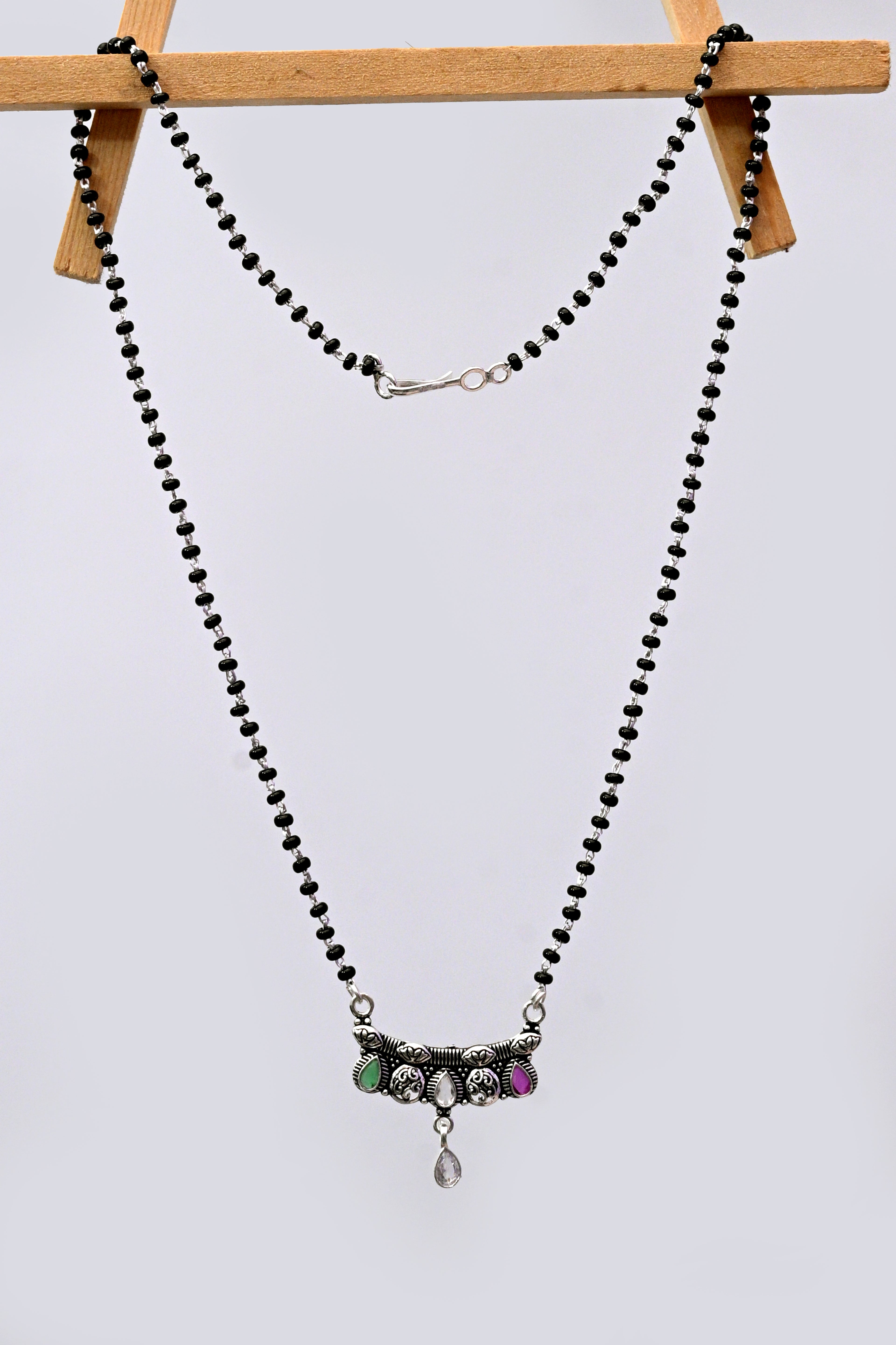 925 Sterling Silver Stone Work Mangalsutra with Teardrop Pendant