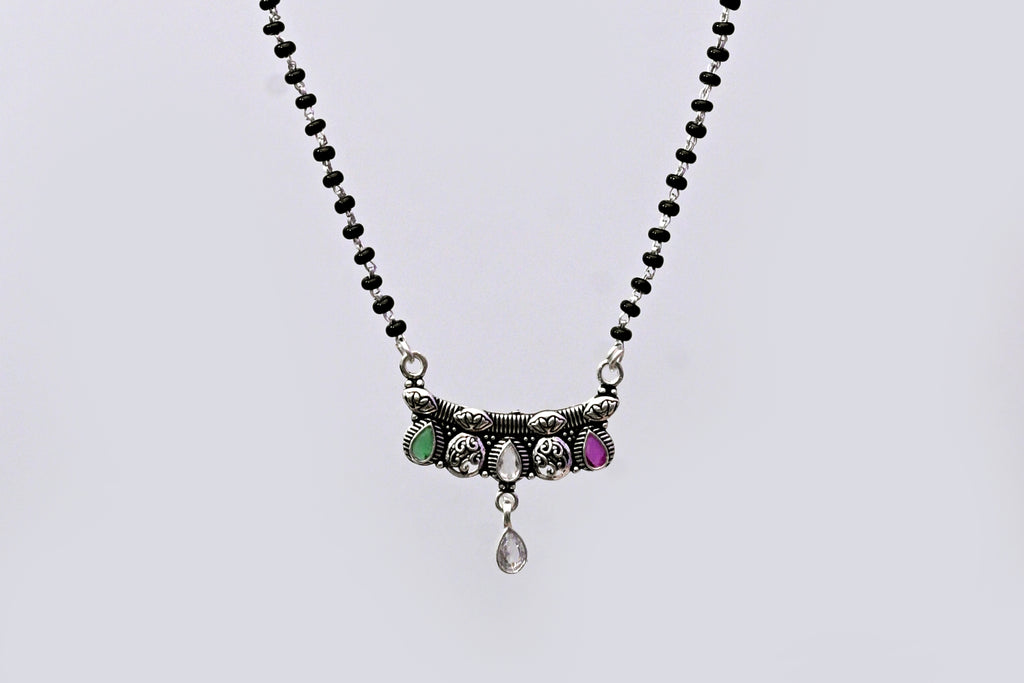 925 Sterling Silver Stone Work Mangalsutra with Teardrop Pendant
