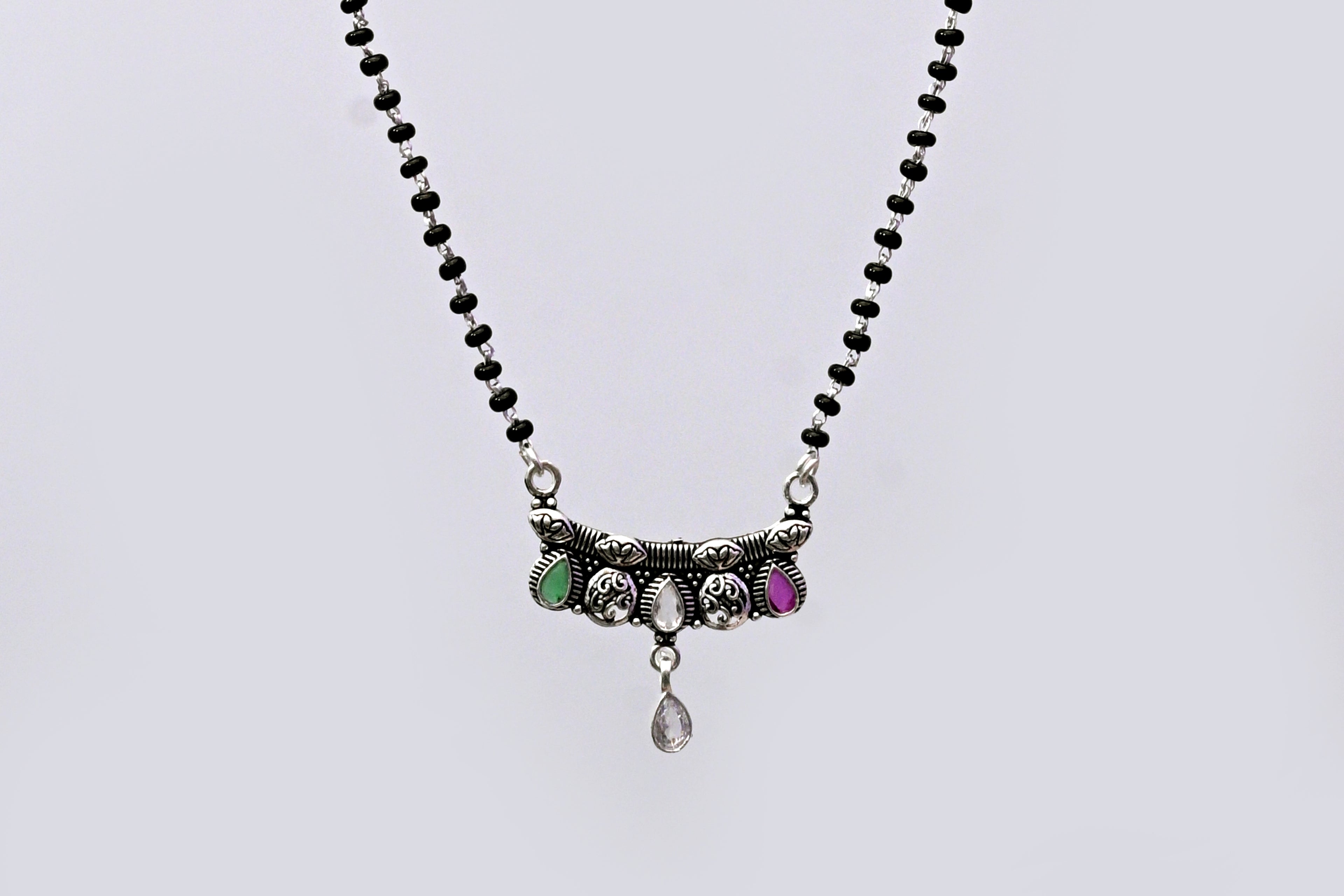 925 Sterling Silver Stone Work Mangalsutra with Teardrop Pendant