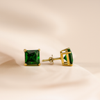 Emerald Green Square-Cut Gold Stud Earrings