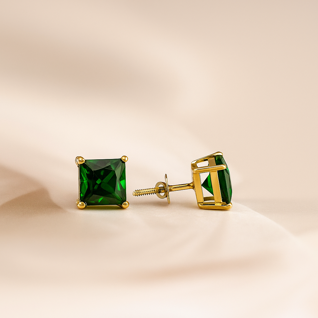 Emerald Green Square-Cut Gold Stud Earrings
