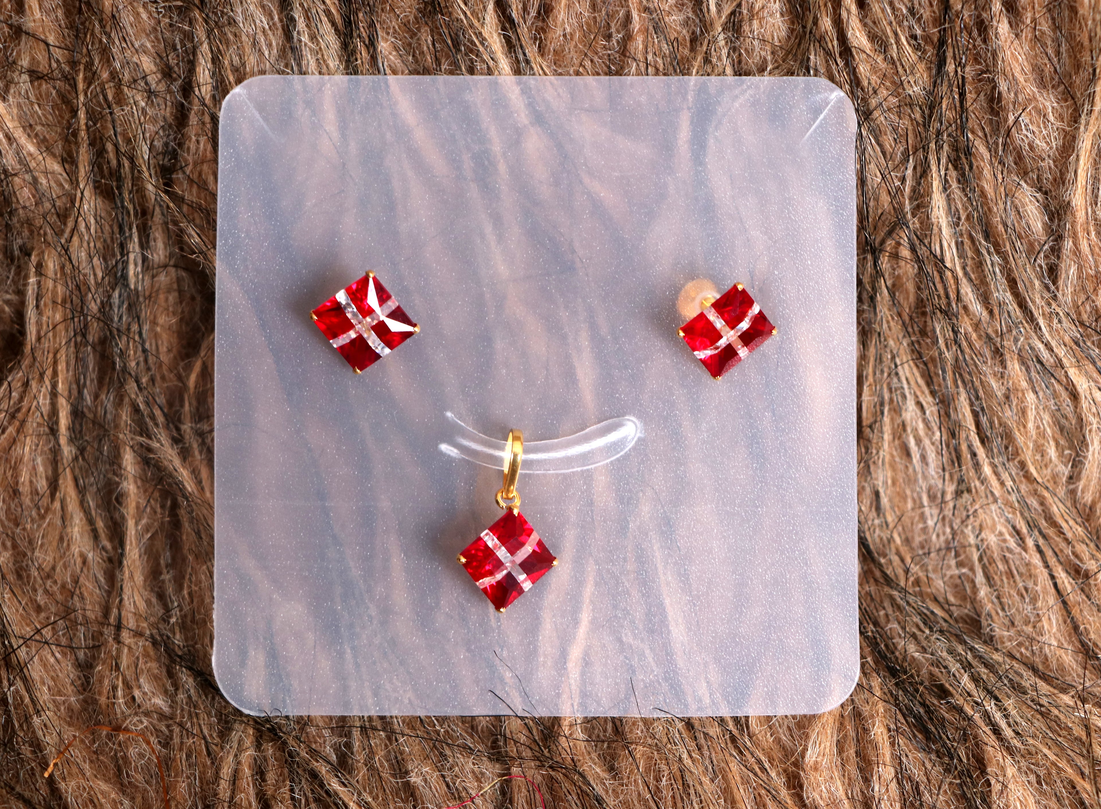 Red Square Stone Pendant & Earring Set