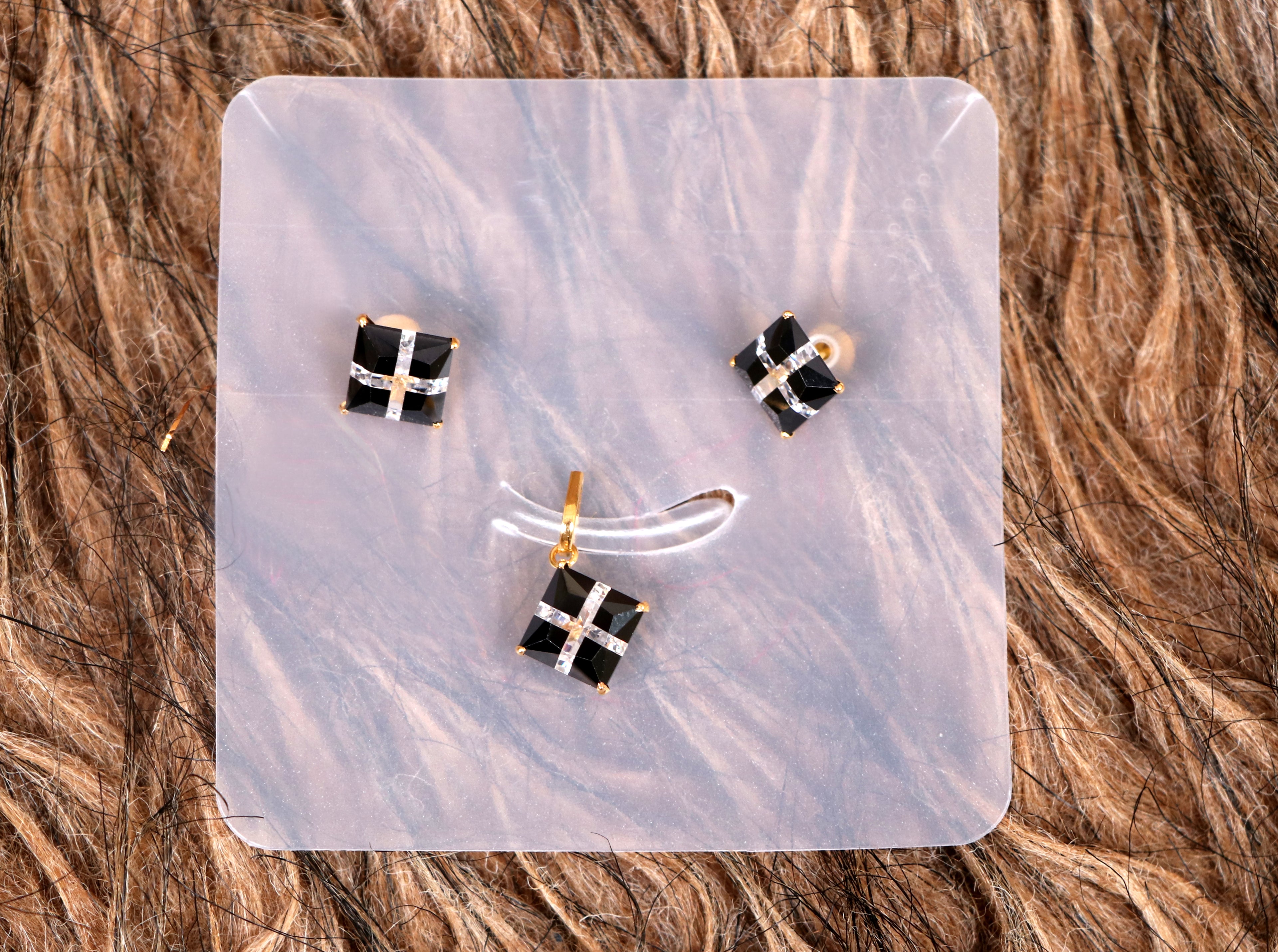 Black Square Stone Pendant & Earring Set