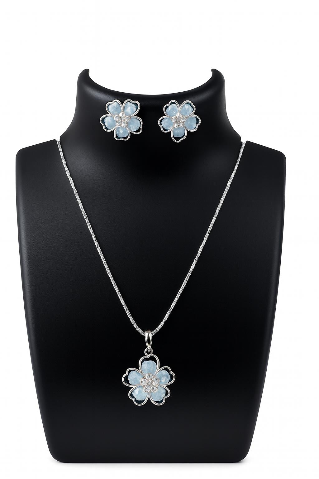 925 Sterling Silver Blue Flower Pendant & Earrings Set